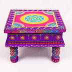 Hand-Painted Wooden MDF Chowki – Artisanal Purple & Pink Mandala Puja Bajot for Home Decor
