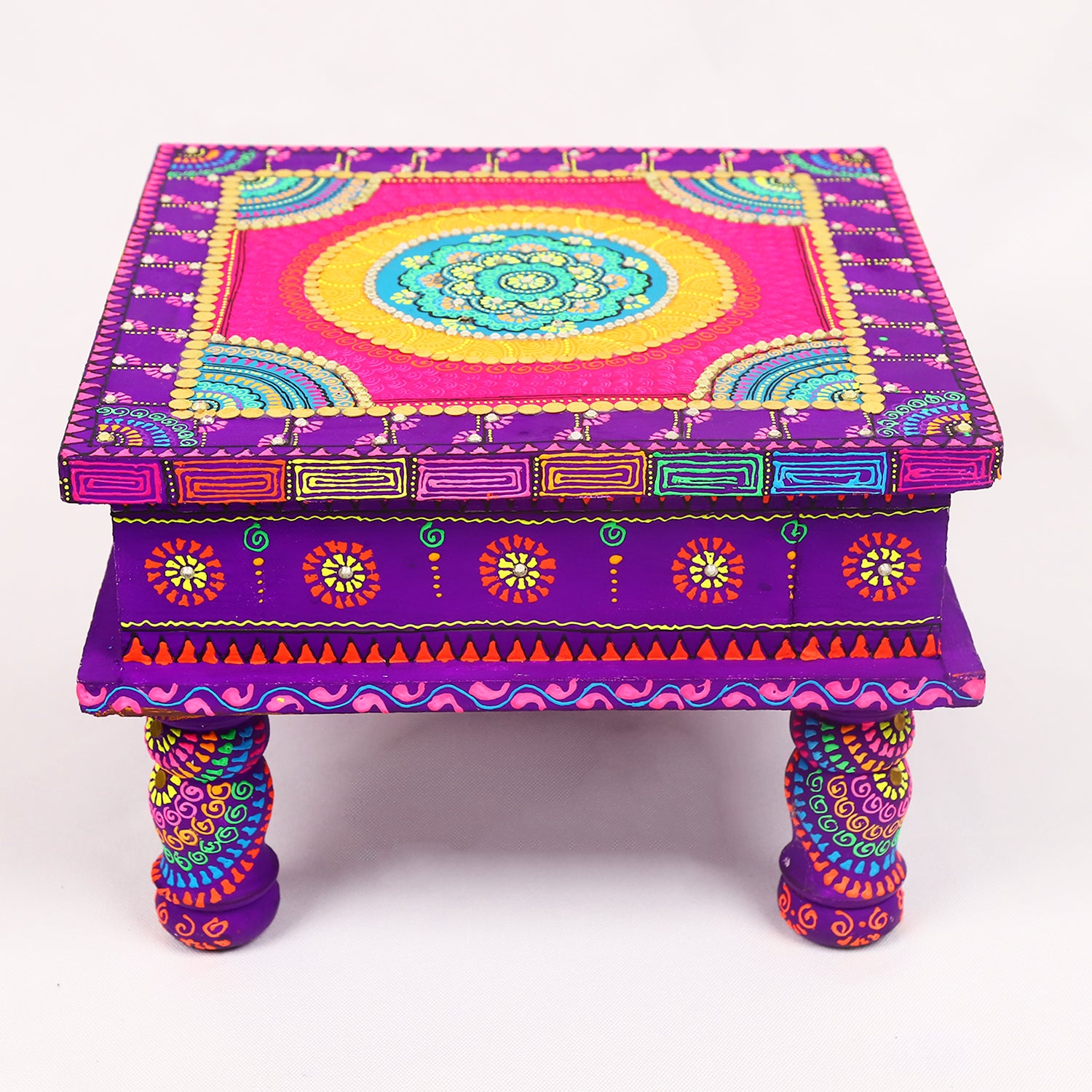 Hand-Painted Wooden MDF Chowki – Artisanal Purple & Pink Mandala Puja Bajot for Home Decor