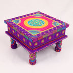 Hand-Painted Wooden MDF Chowki – Artisanal Purple & Pink Mandala Puja Bajot for Home Decor
