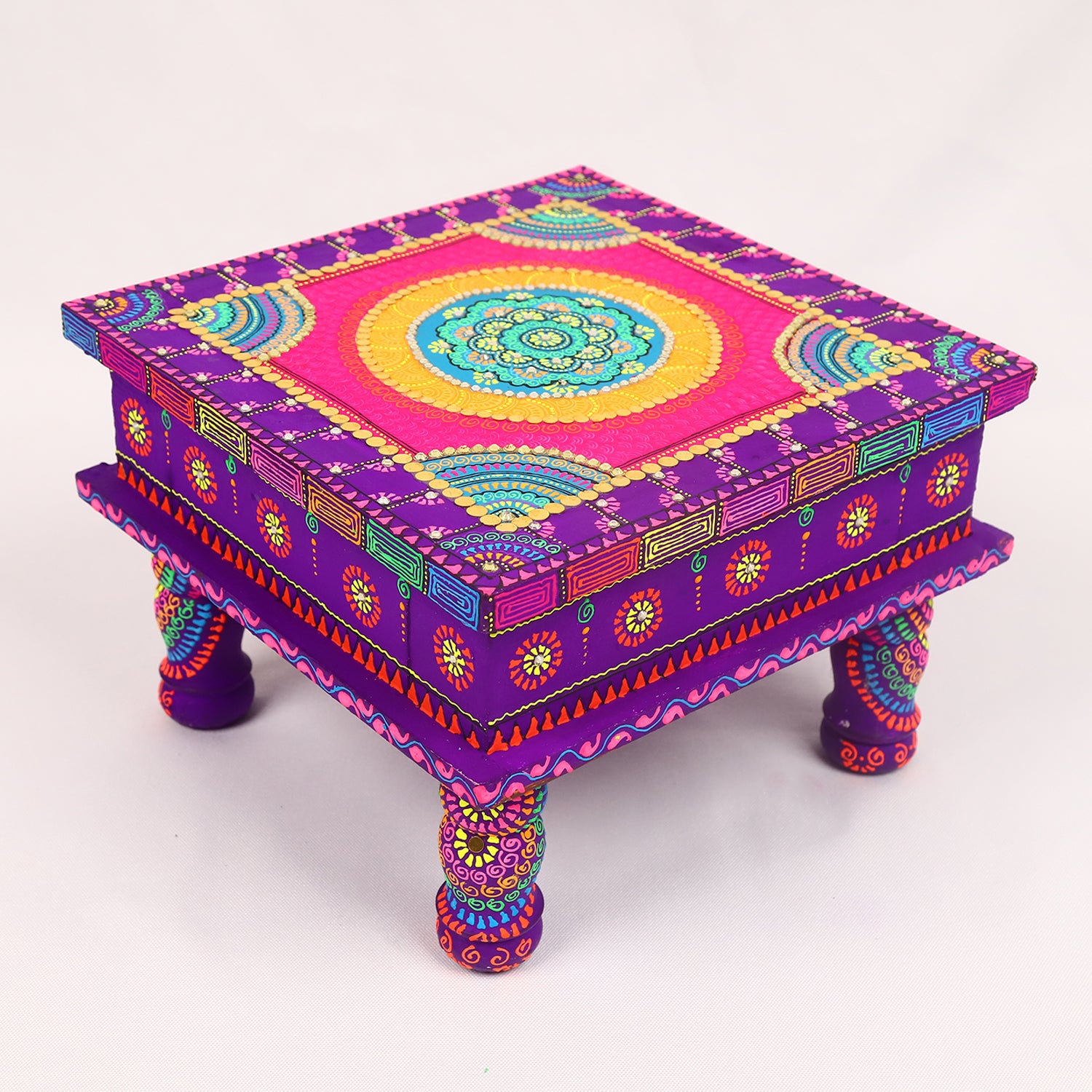 Hand-Painted Wooden MDF Chowki – Artisanal Purple & Pink Mandala Puja Bajot for Home Decor