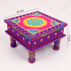 Hand-Painted Wooden MDF Chowki – Artisanal Purple & Pink Mandala Puja Bajot for Home Decor