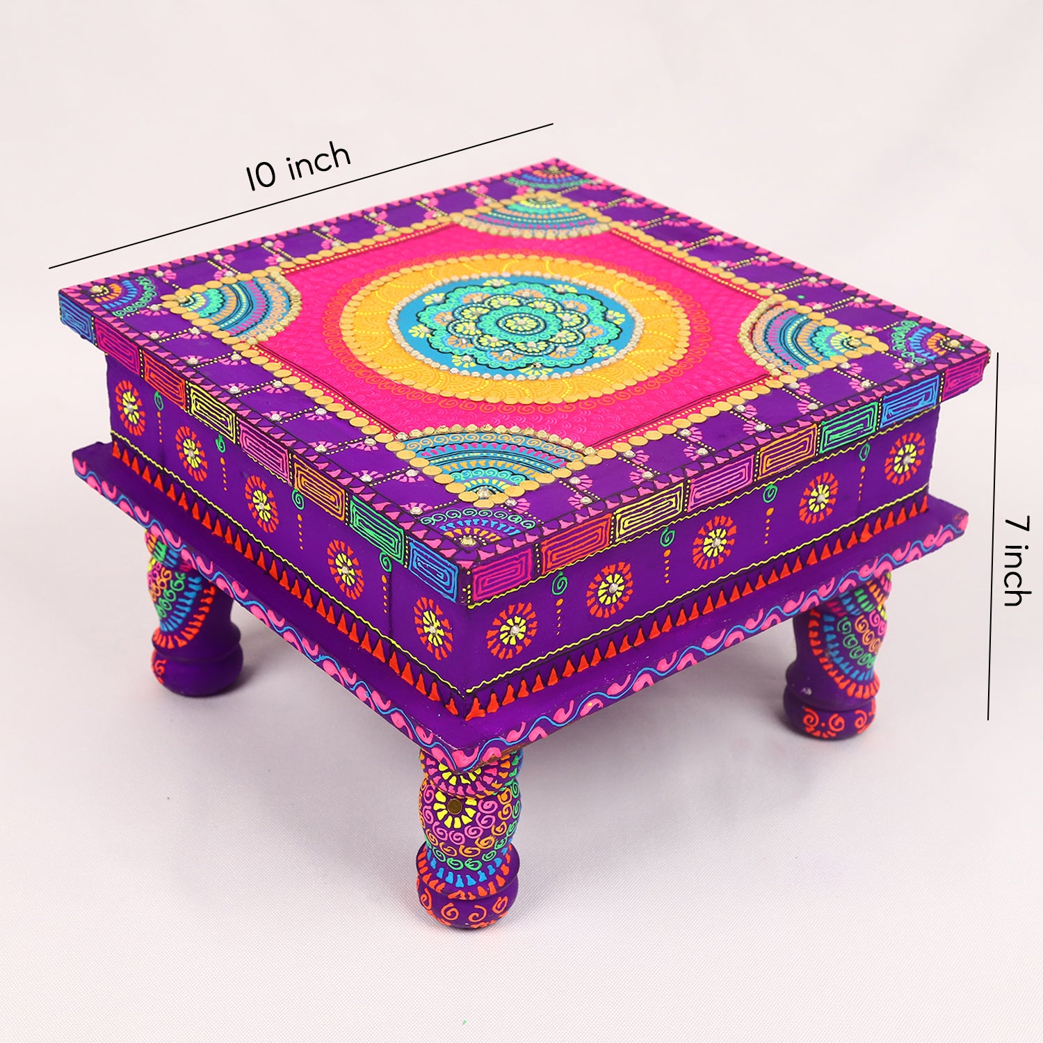 Hand-Painted Wooden MDF Chowki – Artisanal Purple & Pink Mandala Puja Bajot for Home Decor