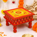 Hand-Painted Wooden MDF Chowki – Artisanal Red & Gold Mandala Puja Bajot for Spiritual Decor