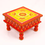 Hand-Painted Wooden MDF Chowki – Artisanal Red & Gold Mandala Puja Bajot for Spiritual Decor
