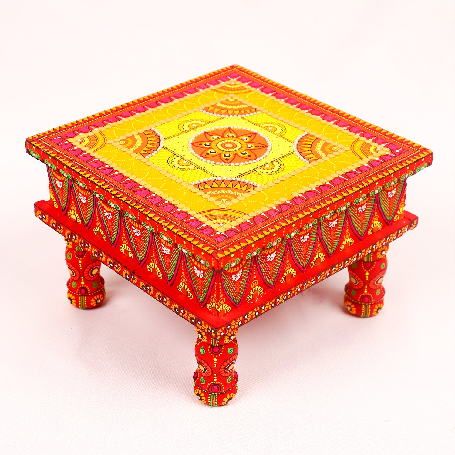 Hand-Painted Wooden MDF Chowki – Artisanal Red & Gold Mandala Puja Bajot for Spiritual Decor