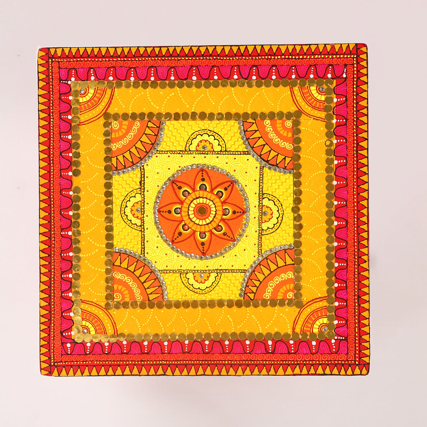 Hand-Painted Wooden MDF Chowki – Artisanal Red & Gold Mandala Puja Bajot for Spiritual Decor