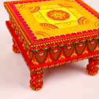 Hand-Painted Wooden MDF Chowki – Artisanal Red & Gold Mandala Puja Bajot for Spiritual Decor