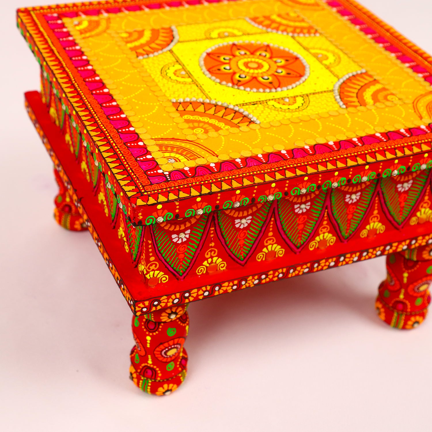 Hand-Painted Wooden MDF Chowki – Artisanal Red & Gold Mandala Puja Bajot for Spiritual Decor
