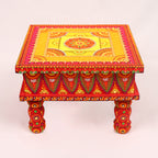 Hand-Painted Wooden MDF Chowki – Artisanal Red & Gold Mandala Puja Bajot for Spiritual Decor