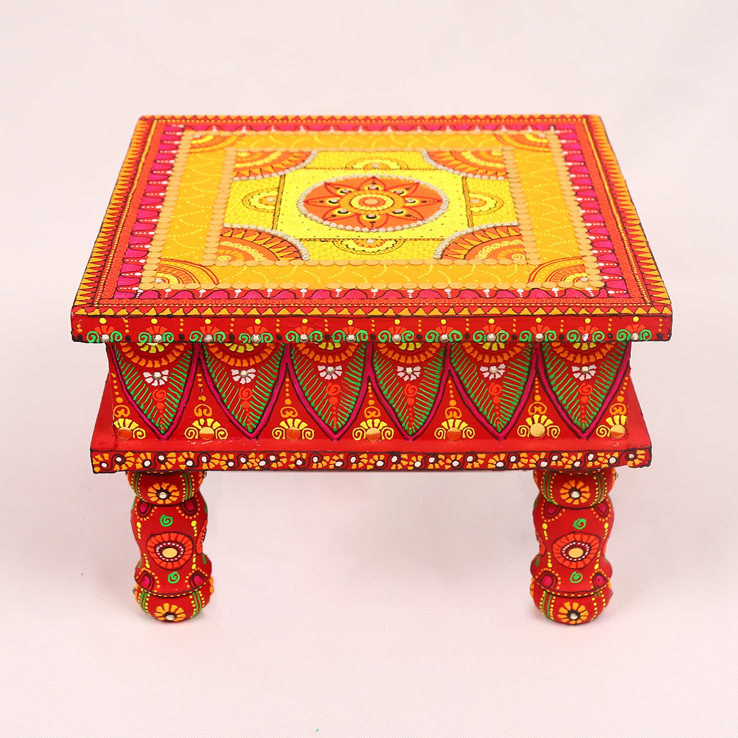 Hand-Painted Wooden MDF Chowki – Artisanal Red & Gold Mandala Puja Bajot for Spiritual Decor