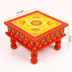 Hand-Painted Wooden MDF Chowki – Artisanal Red & Gold Mandala Puja Bajot for Spiritual Decor