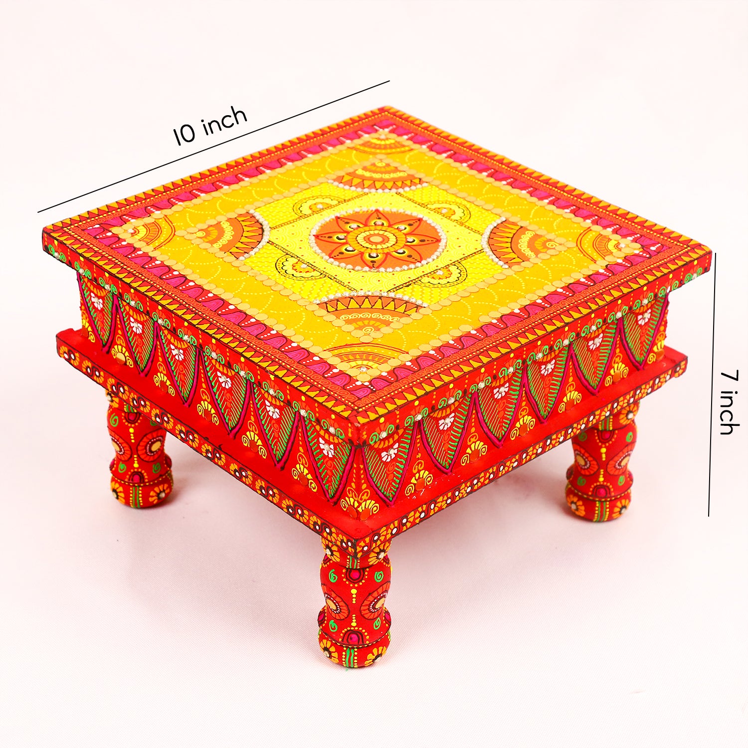 Hand-Painted Wooden MDF Chowki – Artisanal Red & Gold Mandala Puja Bajot for Spiritual Decor