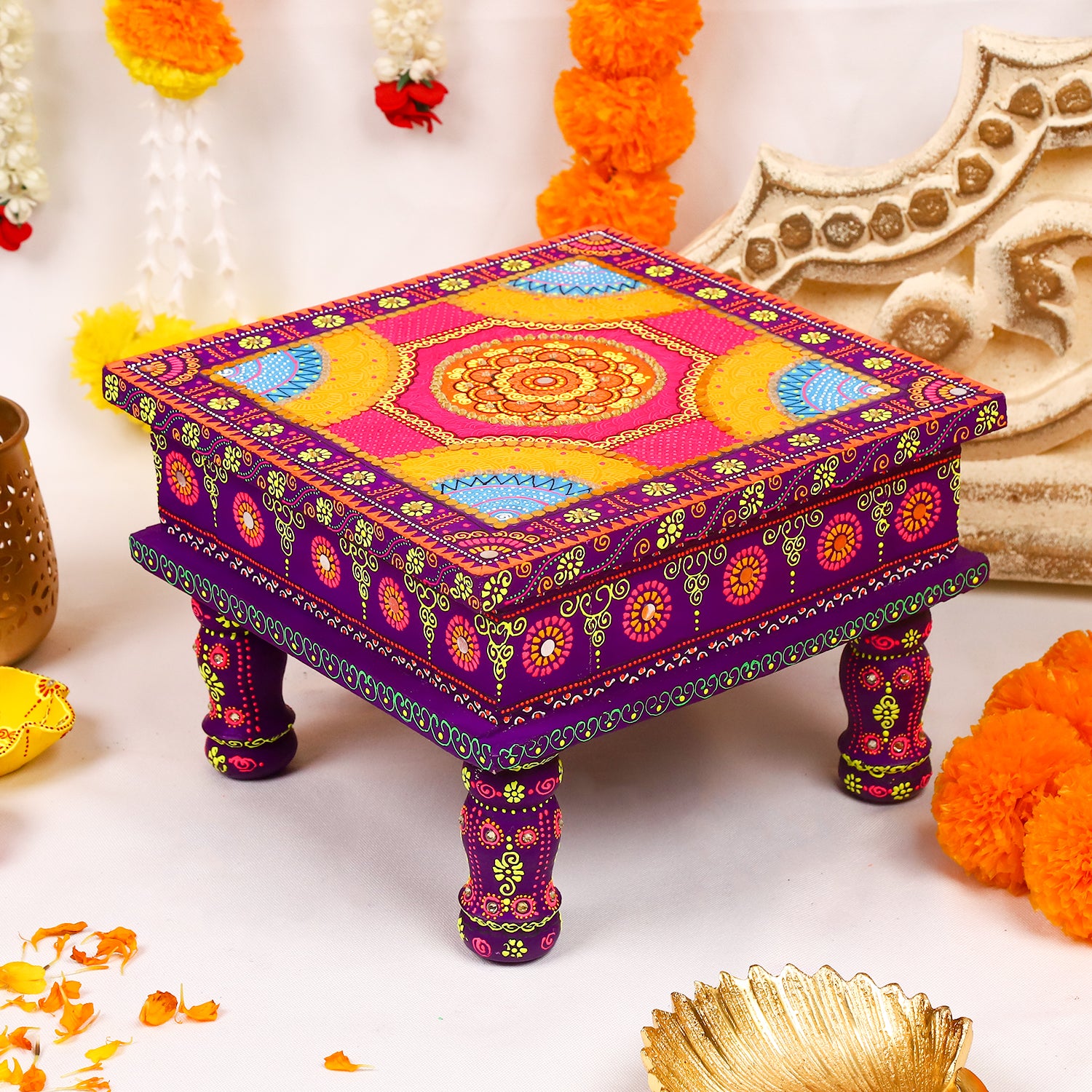 Title: Hand-Painted Wooden MDF Chowki – Artisanal Multi-Color Mandala Puja Bajot for Home Decor & Festivals