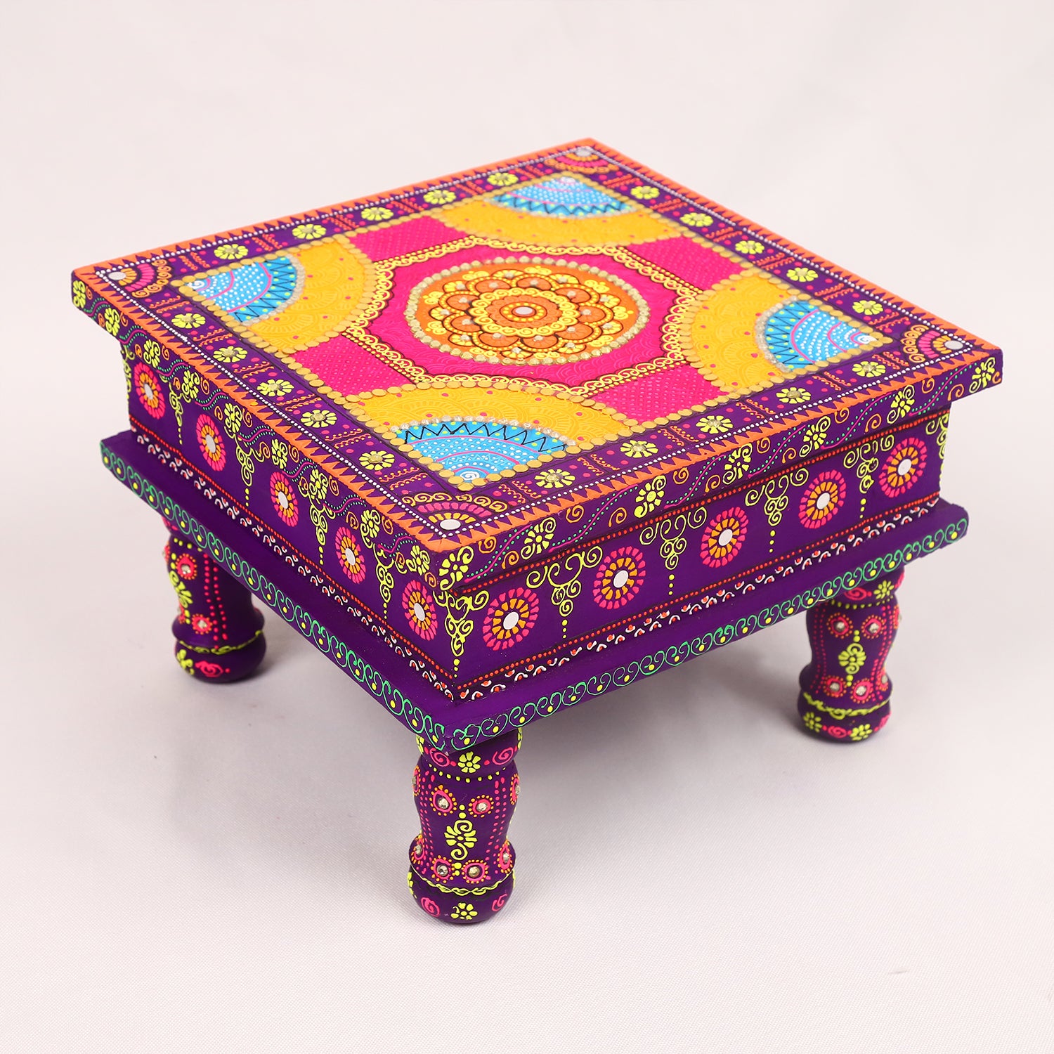 Title: Hand-Painted Wooden MDF Chowki – Artisanal Multi-Color Mandala Puja Bajot for Home Decor & Festivals