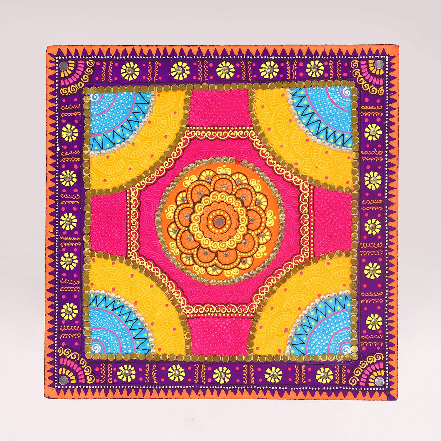 Title: Hand-Painted Wooden MDF Chowki – Artisanal Multi-Color Mandala Puja Bajot for Home Decor & Festivals