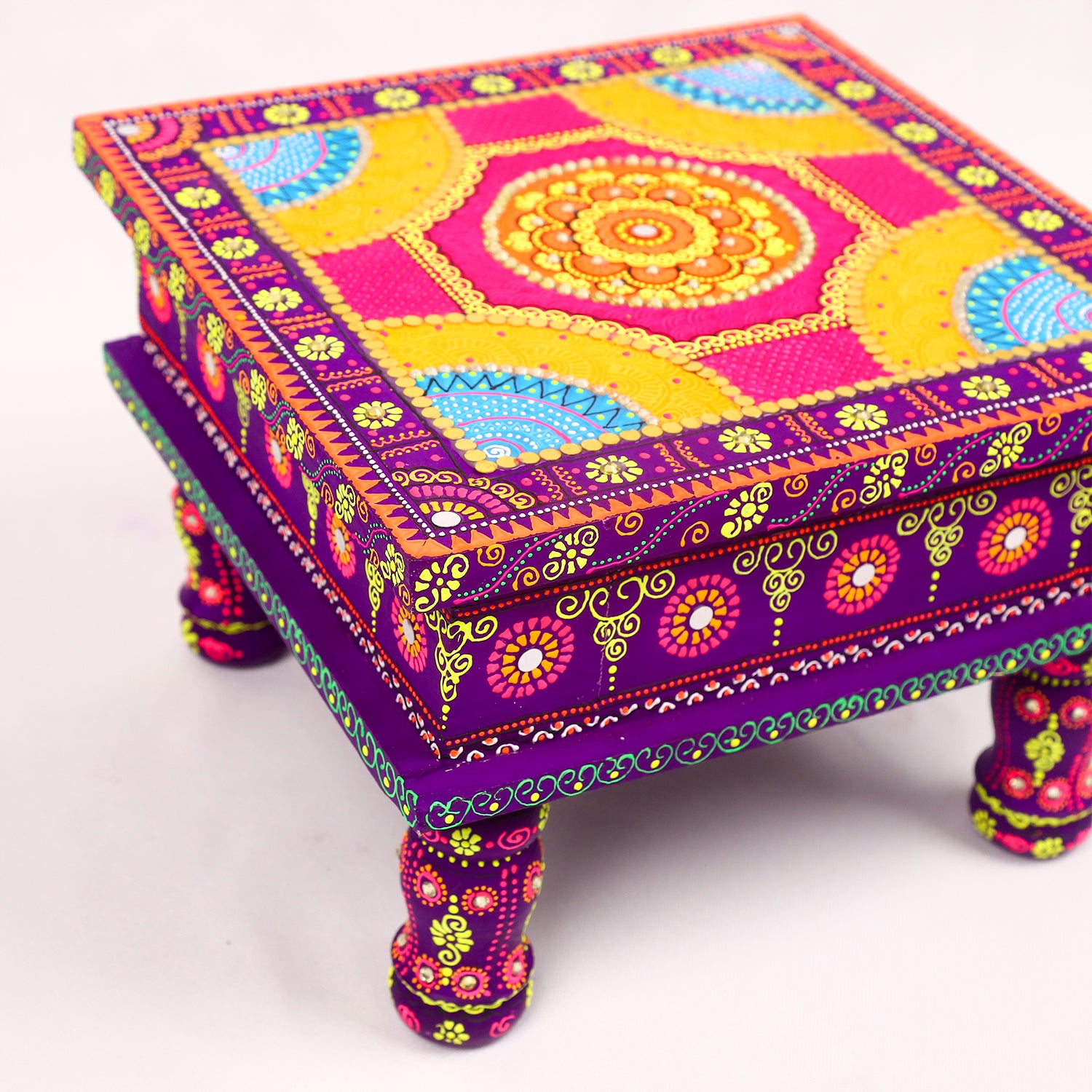 Title: Hand-Painted Wooden MDF Chowki – Artisanal Multi-Color Mandala Puja Bajot for Home Decor & Festivals