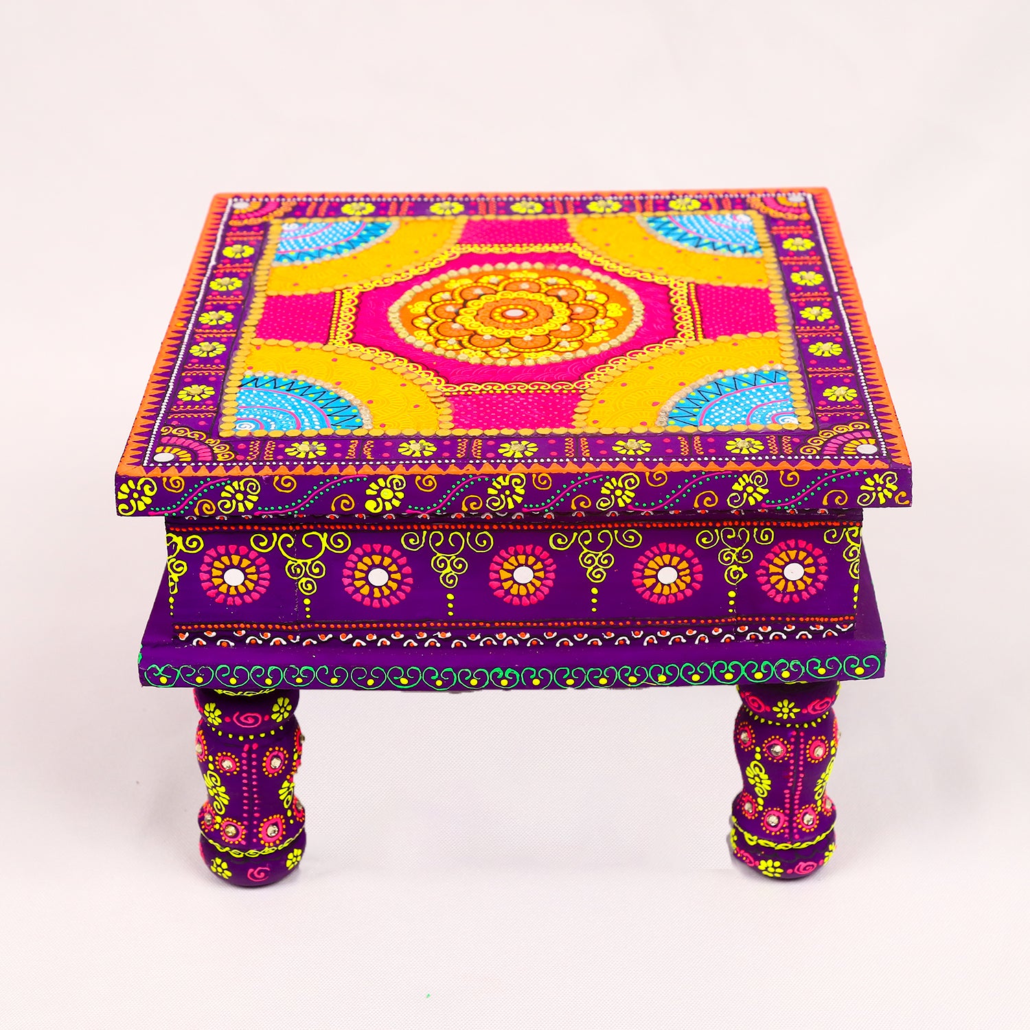 Title: Hand-Painted Wooden MDF Chowki – Artisanal Multi-Color Mandala Puja Bajot for Home Decor & Festivals