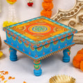 Hand-Painted Wooden MDF Chowki – Artisanal Firozi Blue Mandala Puja Bajot for Home Decor & Rituals