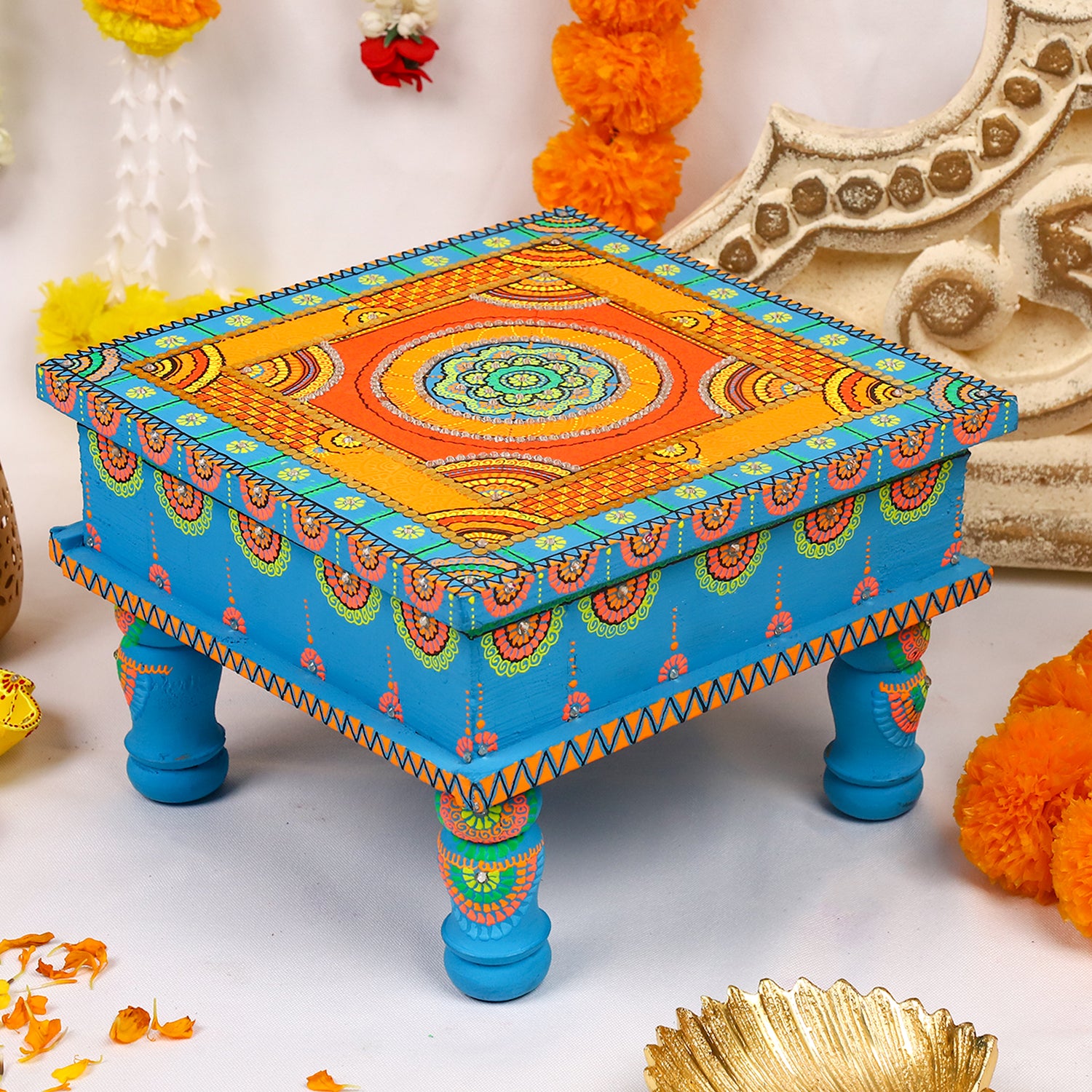 Hand-Painted Wooden MDF Chowki – Artisanal Firozi Blue Mandala Puja Bajot for Home Decor & Rituals