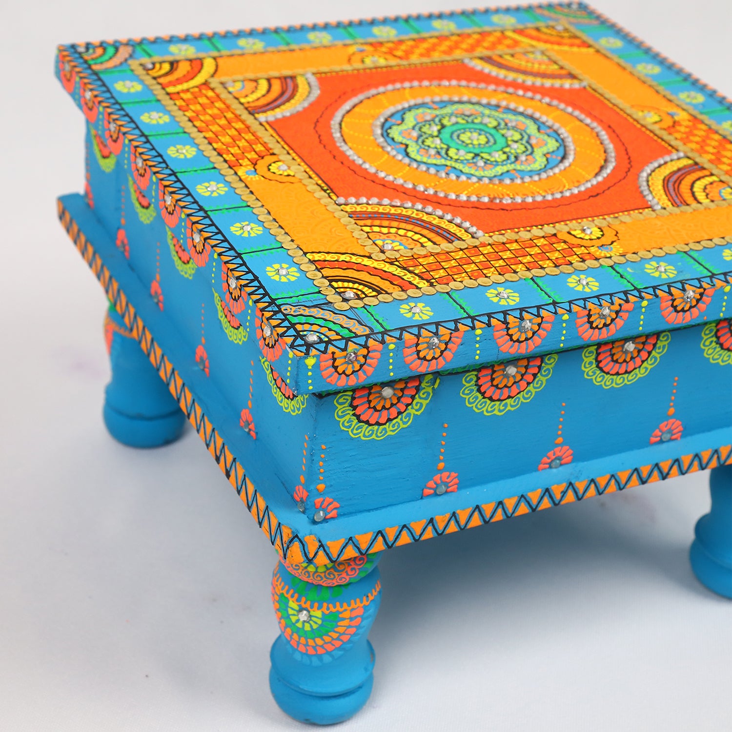 Hand-Painted Wooden MDF Chowki – Artisanal Firozi Blue Mandala Puja Bajot for Home Decor & Rituals