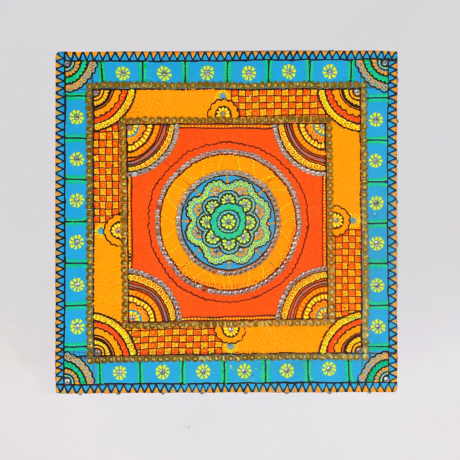 Hand-Painted Wooden MDF Chowki – Artisanal Firozi Blue Mandala Puja Bajot for Home Decor & Rituals