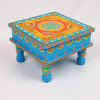 Hand-Painted Wooden MDF Chowki – Artisanal Firozi Blue Mandala Puja Bajot for Home Decor & Rituals