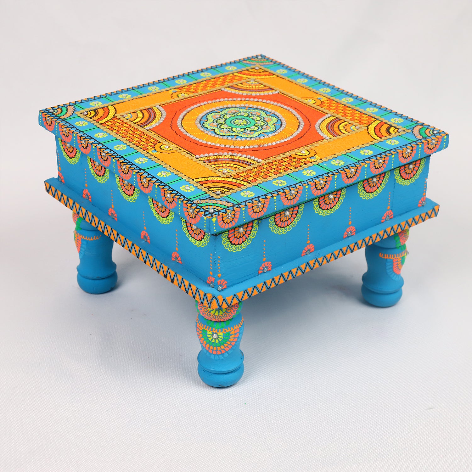 Hand-Painted Wooden MDF Chowki – Artisanal Firozi Blue Mandala Puja Bajot for Home Decor & Rituals