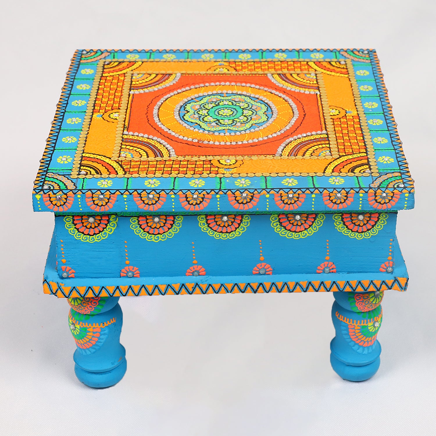 Hand-Painted Wooden MDF Chowki – Artisanal Firozi Blue Mandala Puja Bajot for Home Decor & Rituals