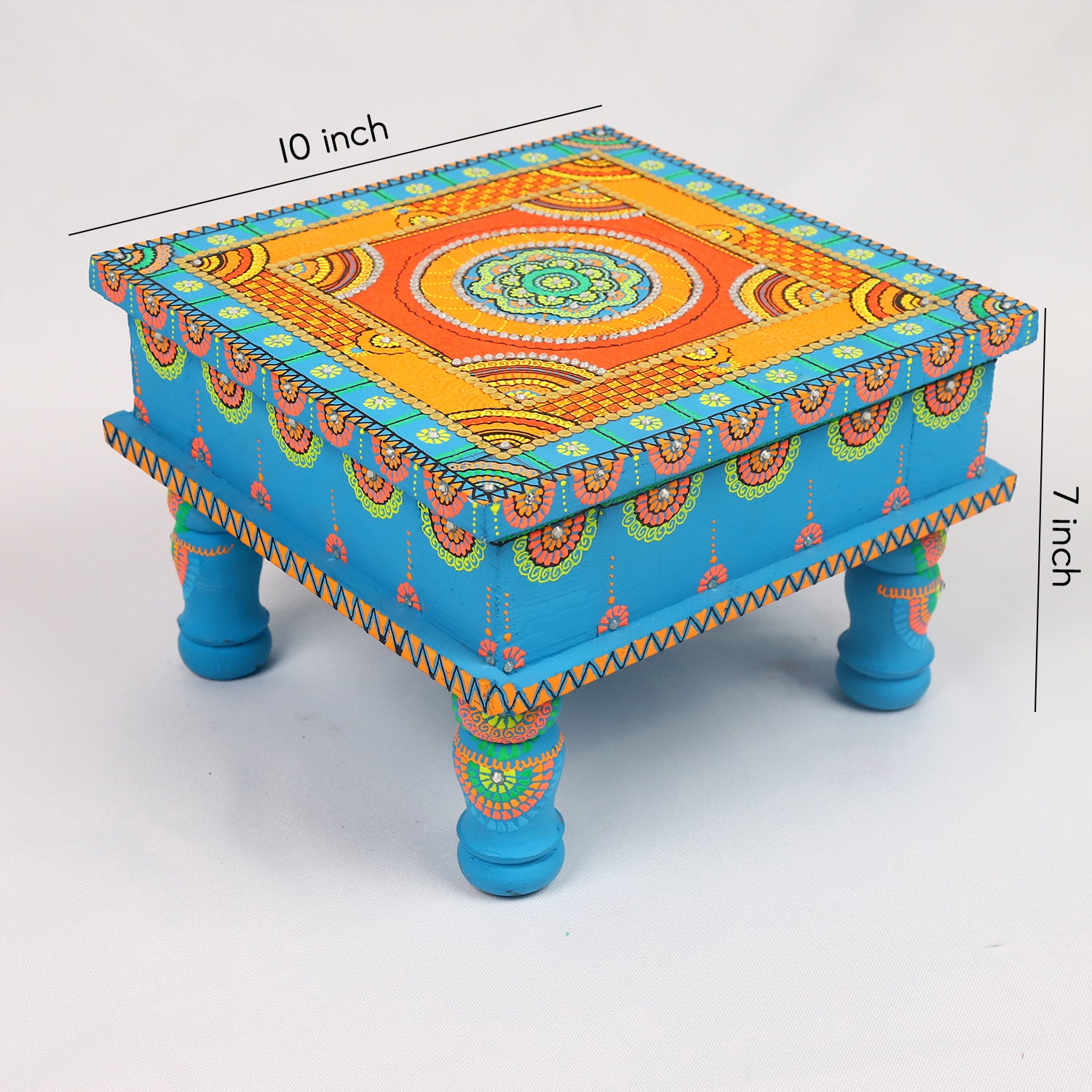 Hand-Painted Wooden MDF Chowki – Artisanal Firozi Blue Mandala Puja Bajot for Home Decor & Rituals