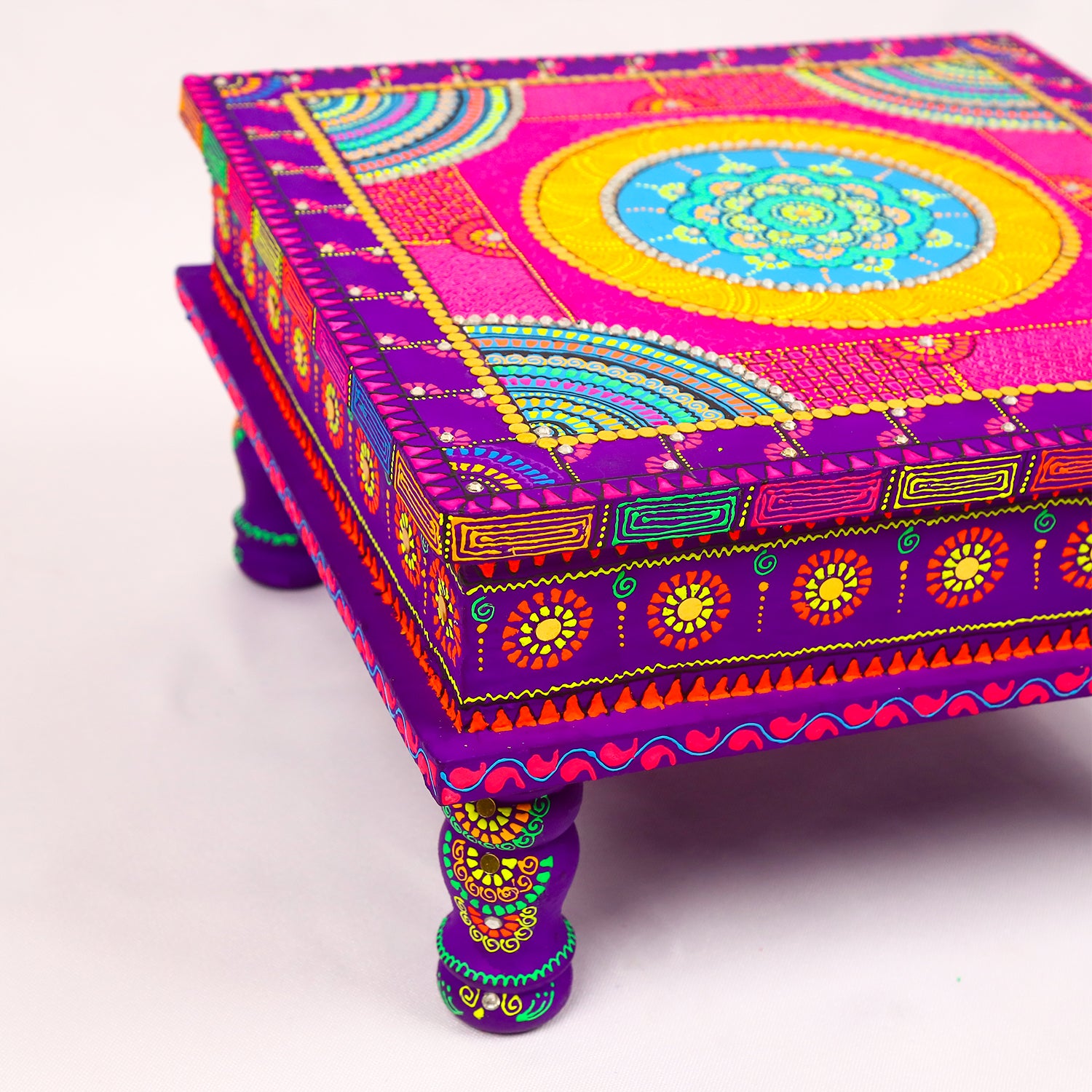 Exquisite Hand-Painted Meenakari Pooja Chowki – Vibrant Festive Pedestal