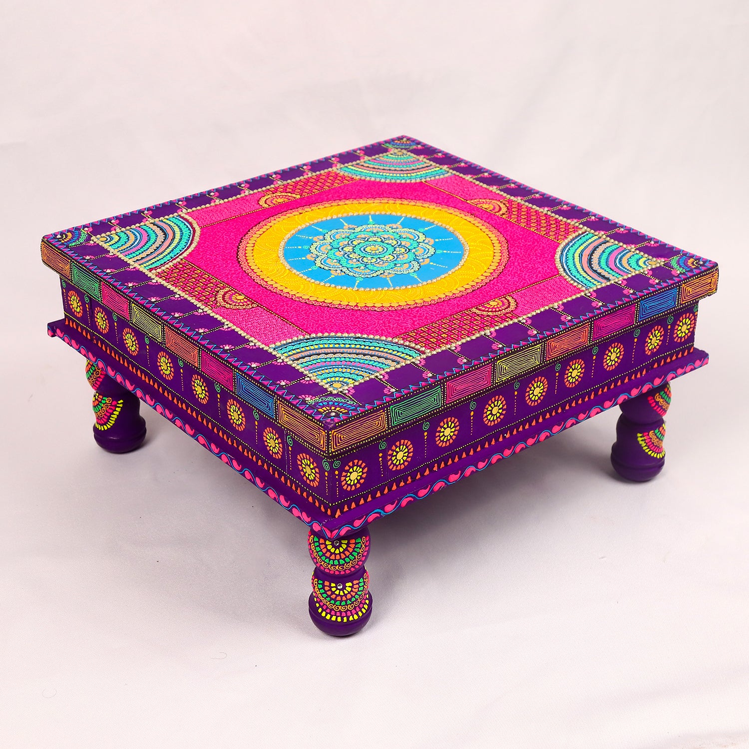 Exquisite Hand-Painted Meenakari Pooja Chowki – Vibrant Festive Pedestal