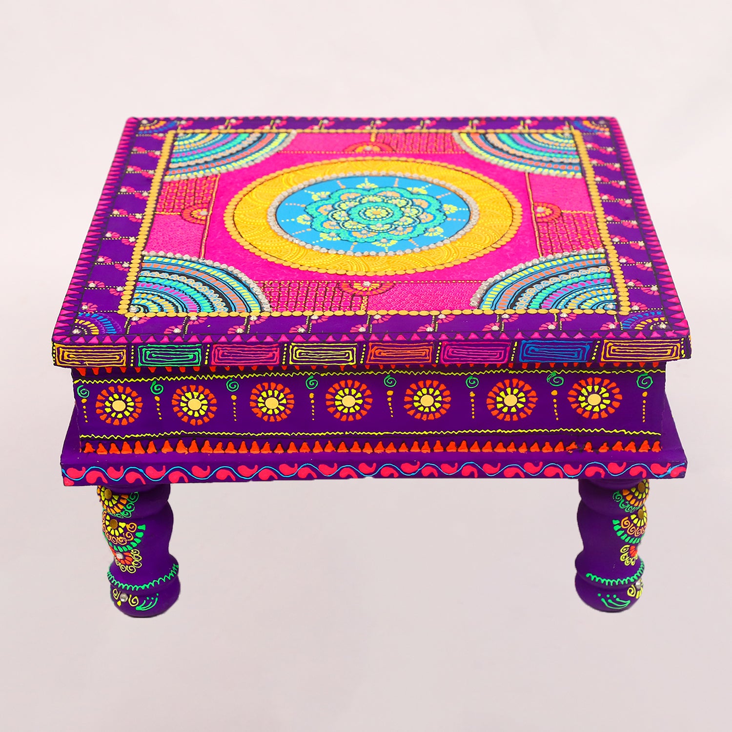 Exquisite Hand-Painted Meenakari Pooja Chowki – Vibrant Festive Pedestal