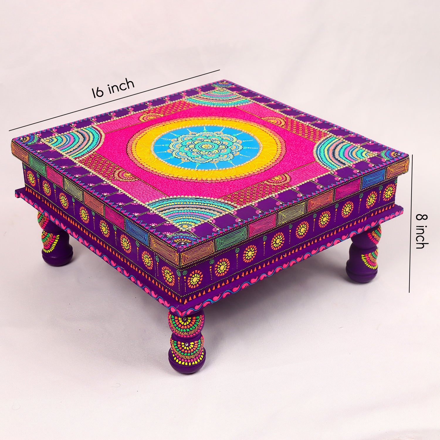 Exquisite Hand-Painted Meenakari Pooja Chowki – Vibrant Festive Pedestal