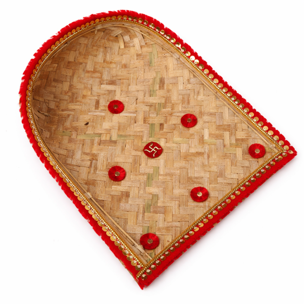 Chhath Puja Decorated Bamboo Soop (Sup) | Traditional Red Border Pooja Soop