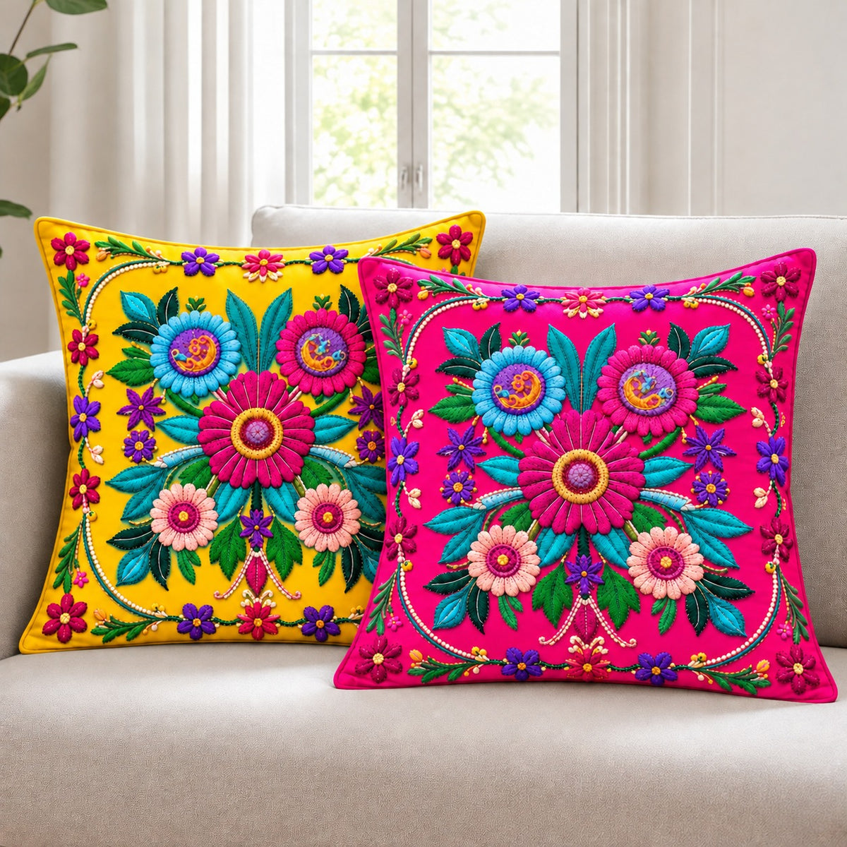 Set of 2 Polycotton Cushion Covers -12x12 Inches - Multicolor Flower Print - Playful Cushion Covers for Kids Room, Sofa & Living Room Décor