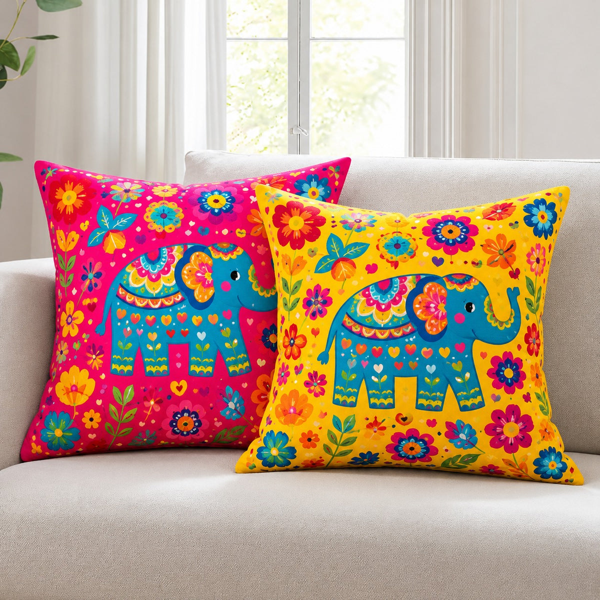 Set of 2 Polycotton Cushion Covers -12x12 Inches - Multicolor Elephant Print - Playful Cushion Covers for Kids Room, Sofa & Living Room Décor