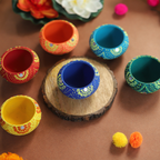 Hand-Painted Terracotta Diya Set of 6 – Vibrant Mandala Art Deepawali Lamps