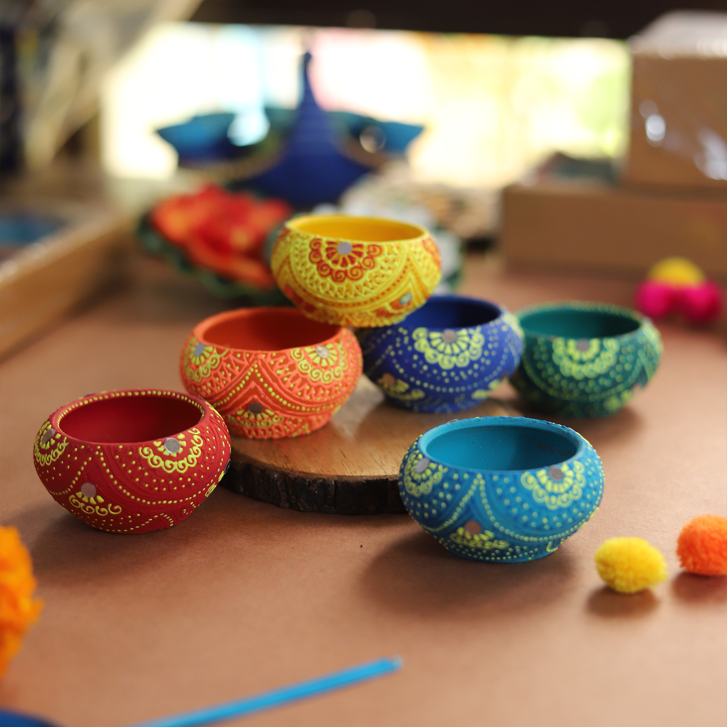 Hand-Painted Terracotta Diya Set of 6 – Vibrant Mandala Art Deepawali Lamps
