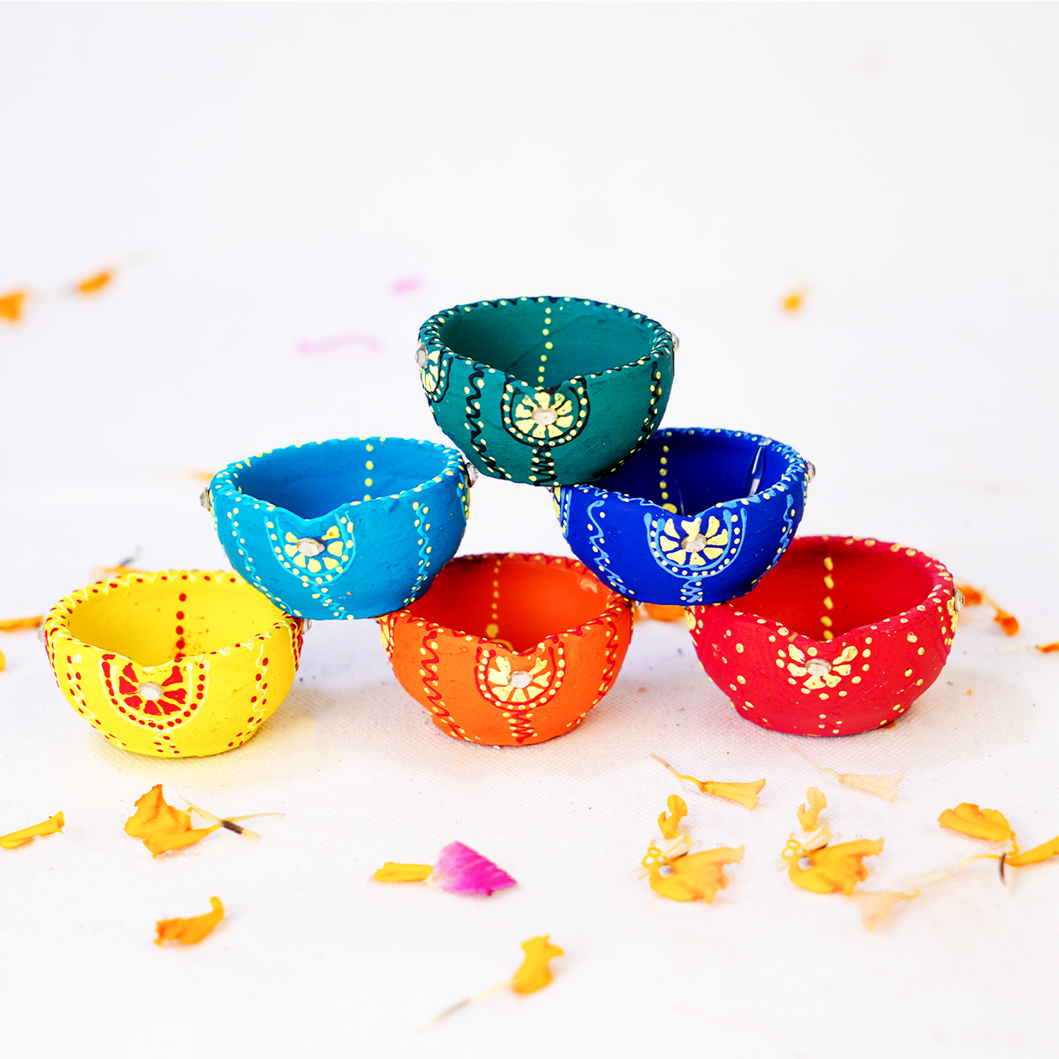Hand-Painted Terracotta Diya Set of 6 – Vibrant Mandala Art Festive Lamps