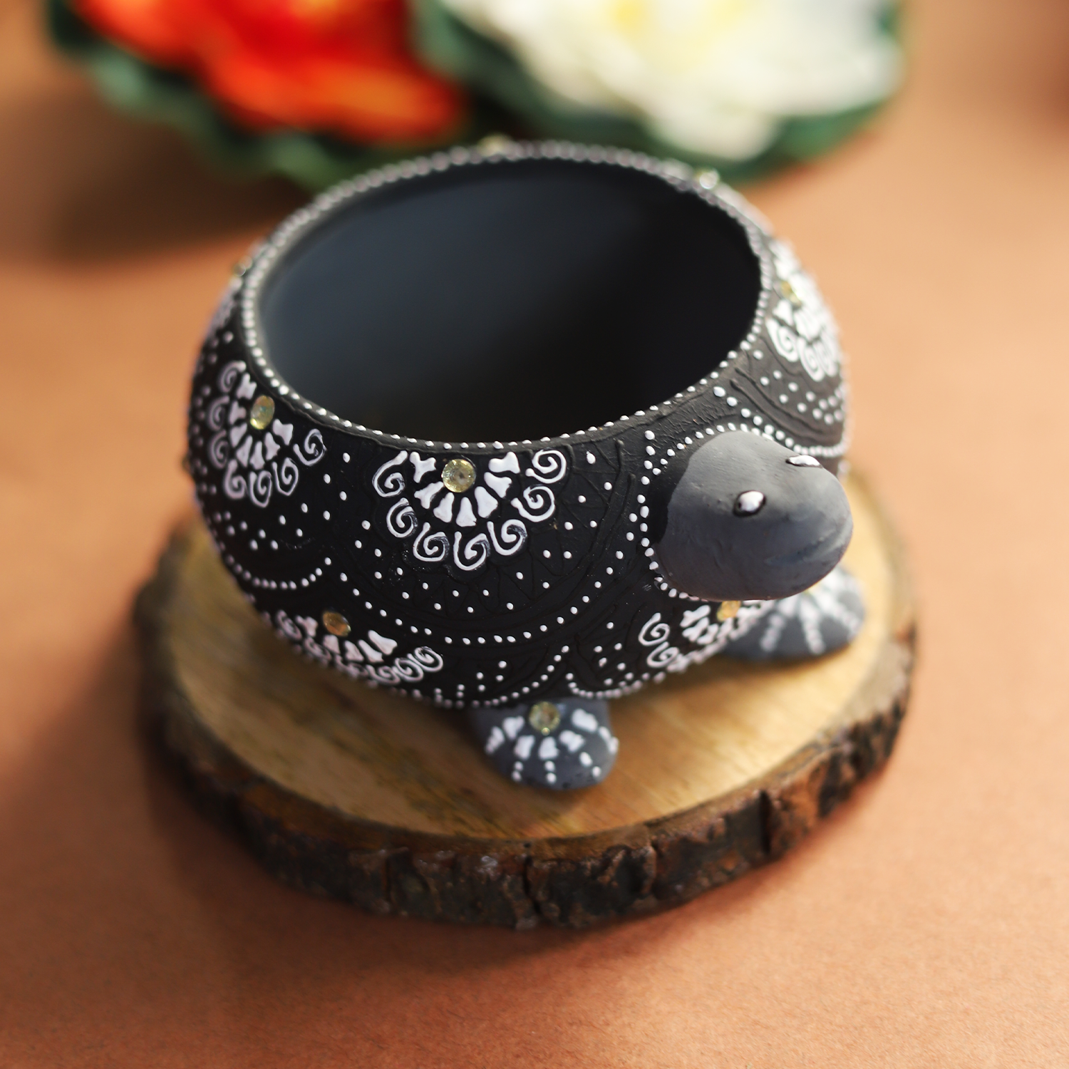 Hand-Painted Black Tortoise Terracotta Diya