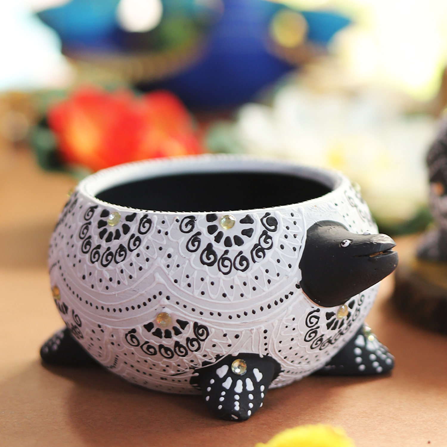 Hand-Painted Vibrant Mandala White Tortoise Terracotta Diya