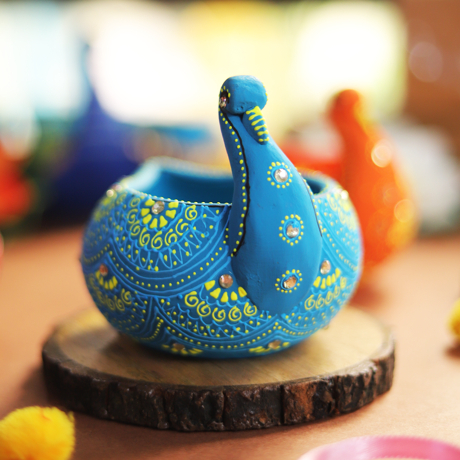 Hand-Painted Blue Swan Terracotta Diya – Artisan Tealight Holder for Festive Decor