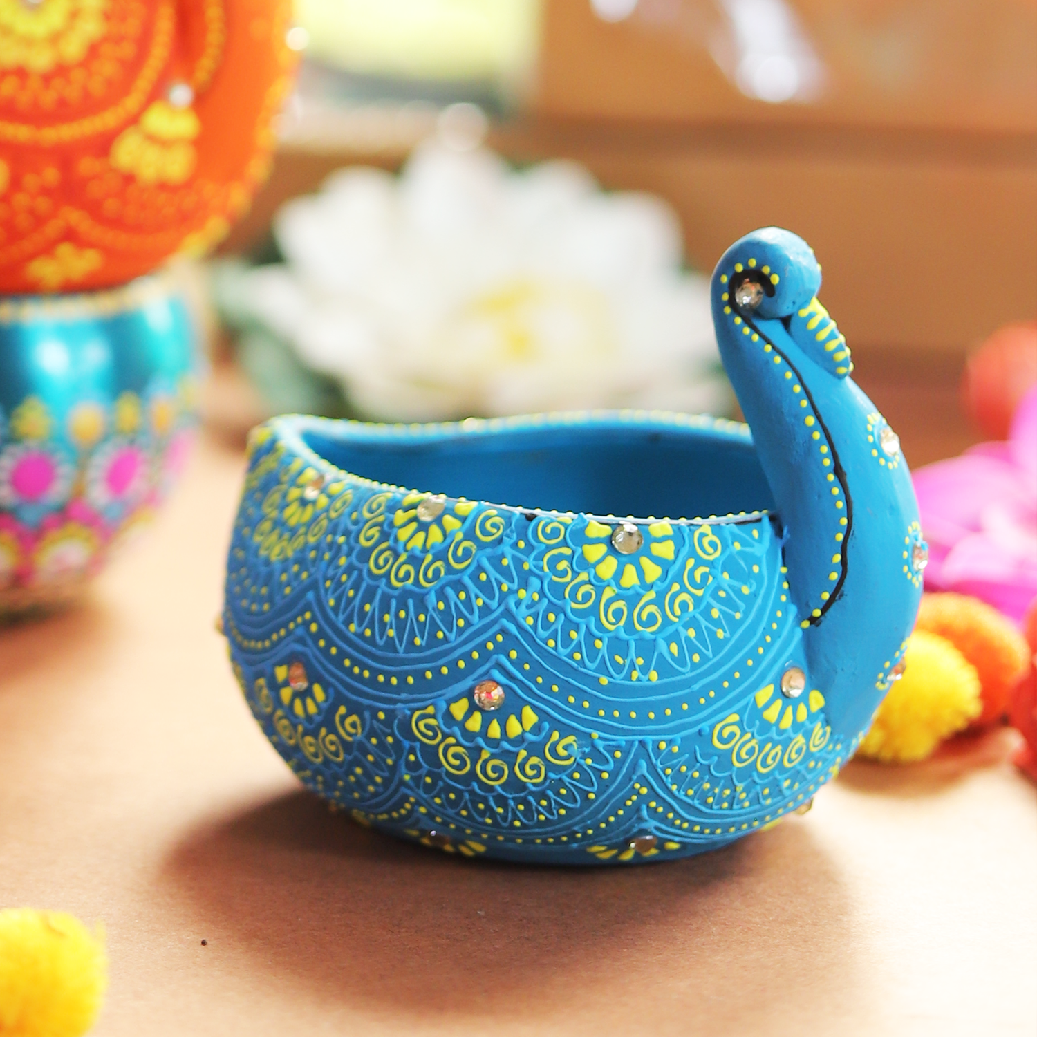 Hand-Painted Blue Swan Terracotta Diya – Artisan Tealight Holder for Festive Decor