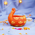 Hand-Painted Orange Swan Terracotta Diya – Artisan Tealight Holder for Festive Decor