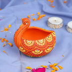 Hand-Painted Orange Swan Terracotta Diya – Artisan Tealight Holder for Festive Decor