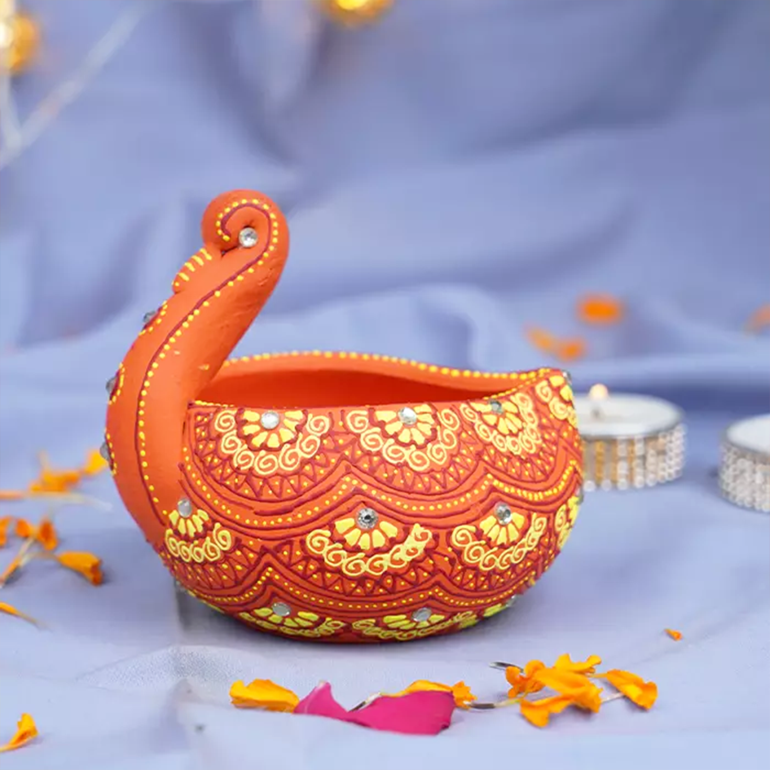 Hand-Painted Orange Swan Terracotta Diya – Artisan Tealight Holder for Festive Decor