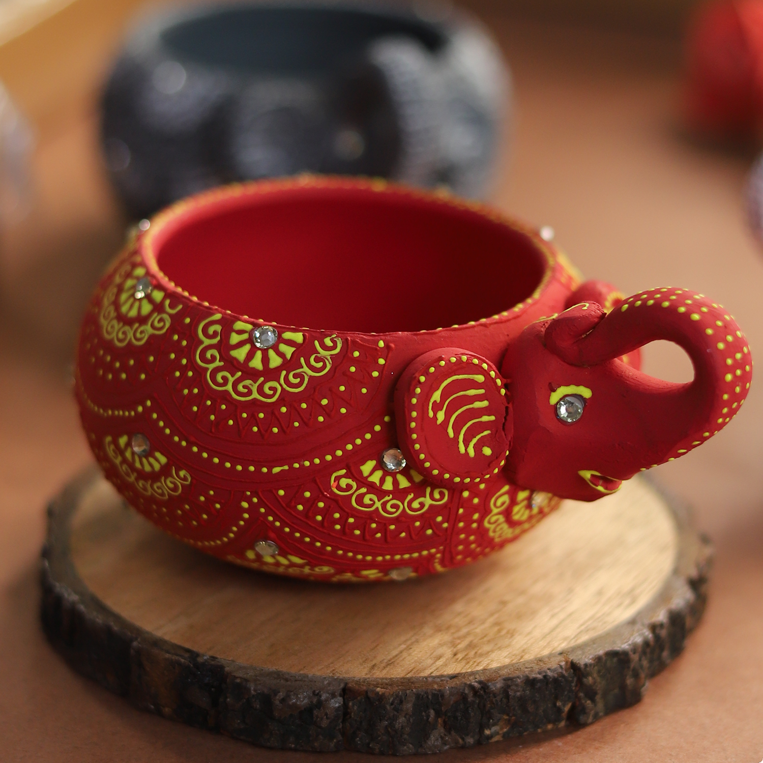 Hand-Painted Red Elephant Terracotta Diya – Artisan Elephant Tealight Holder
