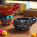 Hand-Painted Black Elephant Terracotta Diya – Artisan Mandala Tealight Holder