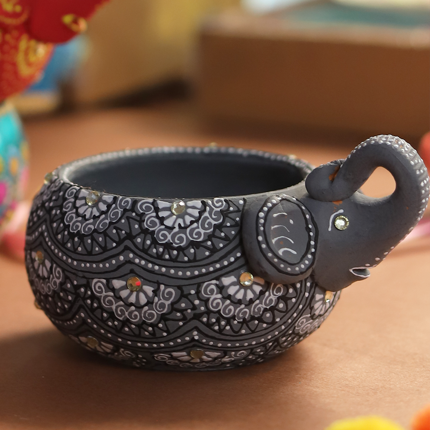 Hand-Painted Black Elephant Terracotta Diya – Artisan Mandala Tealight Holder