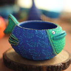 Hand-Painted Blue & Green Terracotta Fish Tealight Holder – Artisanal Coastal Home Decor & Festive Gift